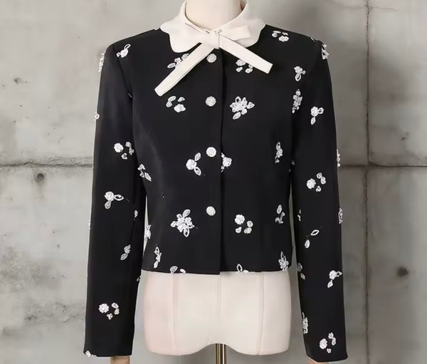 Women Collar Bow Full Sleeve Blazer Two Piece Skirt Set