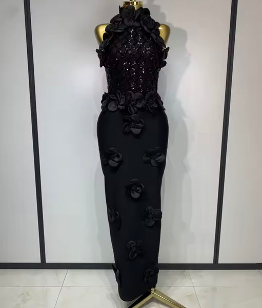 Women Sexy Sleeveless Sequins Beaded 3D Floral Maxi Dress