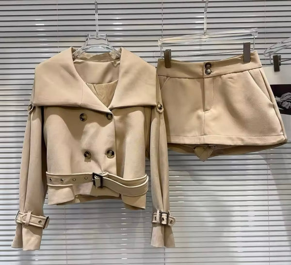 Women Sexy Solid Color Buckled Blazer Two Piece Skirt Set