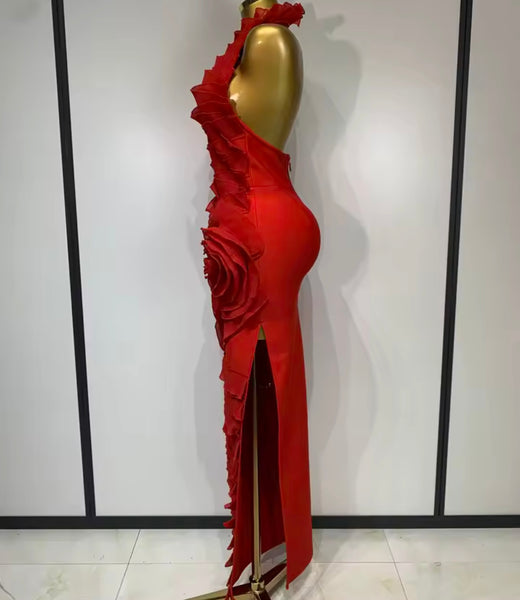 Women Red Sexy Halter Sleeveless Ruffled Maxi Dress