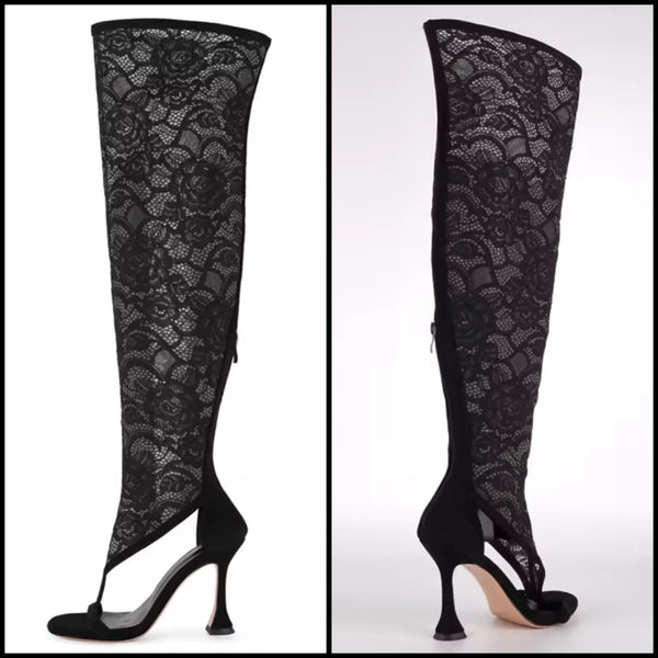 Women Black Open Toe Lace Fashion Knee High Boots