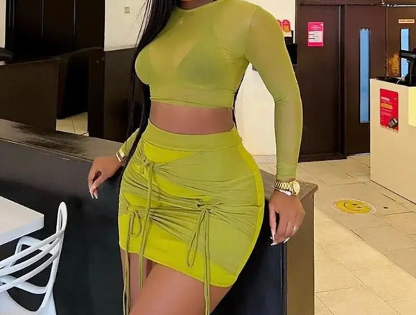 Women Sexy Mesh Full Sleeve Tie Up Two Piece Skirt Set