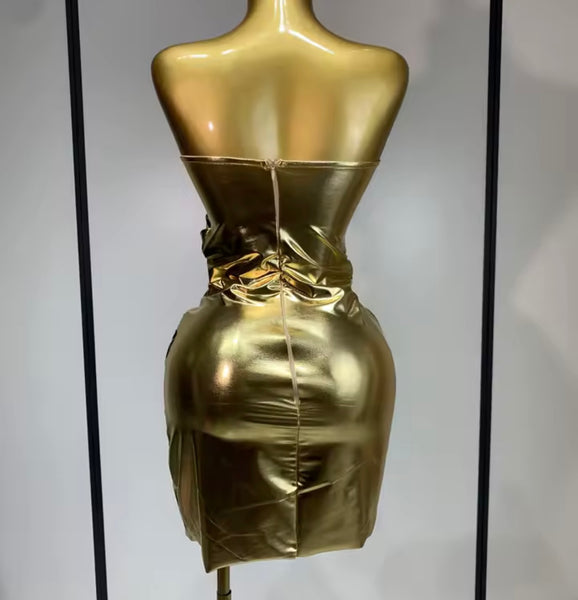 Women Sexy Strapless Gold Metallic Bling Ruched Dress