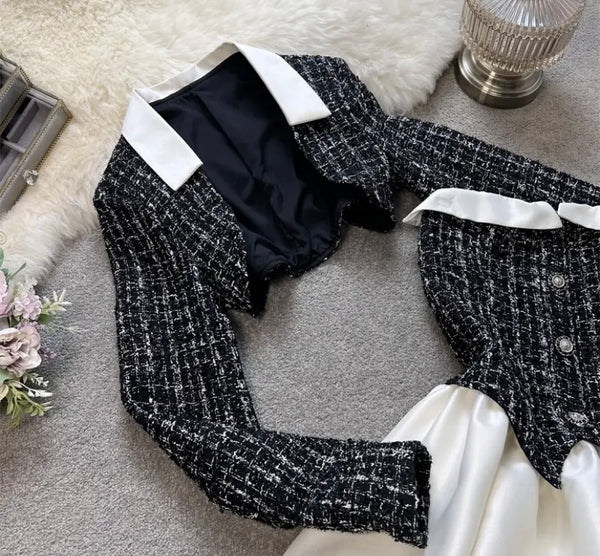 Women Contrast Stitching Tweed Sexy Two Piece Dress