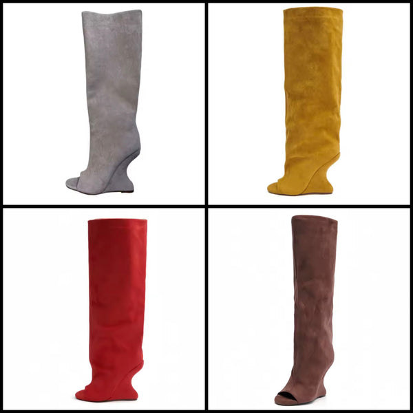 Women Color Open Toe Suede Wedge Knee High Boots
