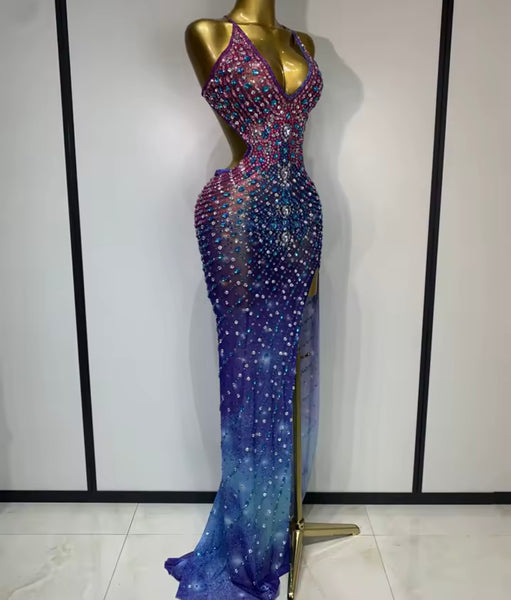 Women Sexy Halter Open Back Multicolored Rhinestone Maxi Dress