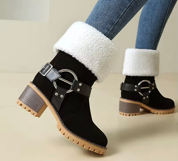 Women Fashion Color Suede Warm Furry Metal Ring Boots