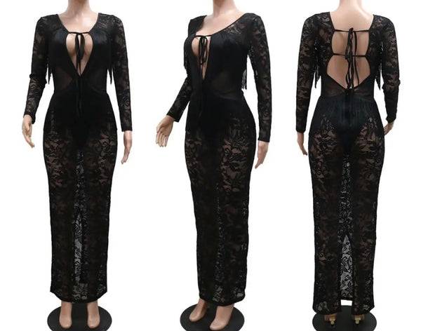 Women Black Sexy Lace Fringe Open Back Full Sleeve Maxi Dress