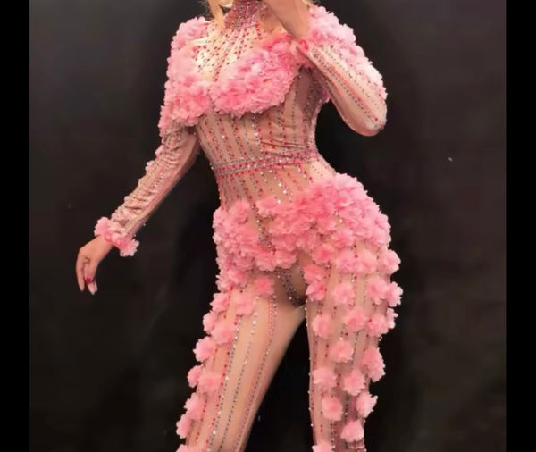 Women Sexy Floral Rhinestone Mesh Full Sleeve Jumpsuit