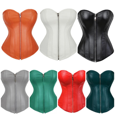 Women Fashion Faux Leather Zipper Strapless Corset Top