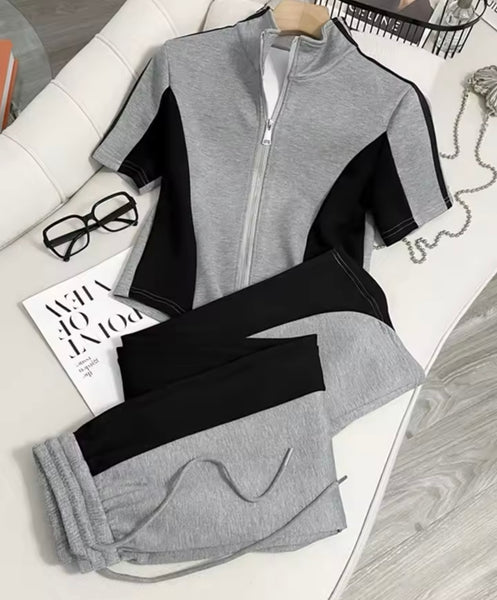 Women Fashion Color Patchwork Short Sleeve Tracksuit Two Piece Pant Set