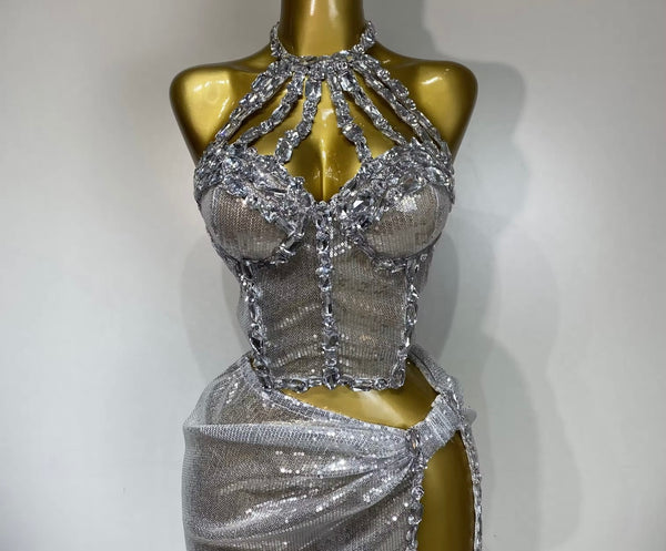 Women Sexy Halter Sleeveless Sequins Crystal Two Piece Maxi Skirt Set