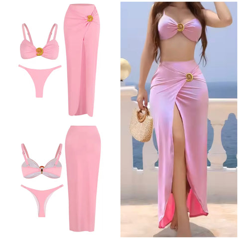 Women Sexy Pink Bikini Cover Up Set