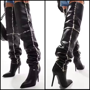 Women Pointed Toe Plush Leather Over The Knee High Heel Boots