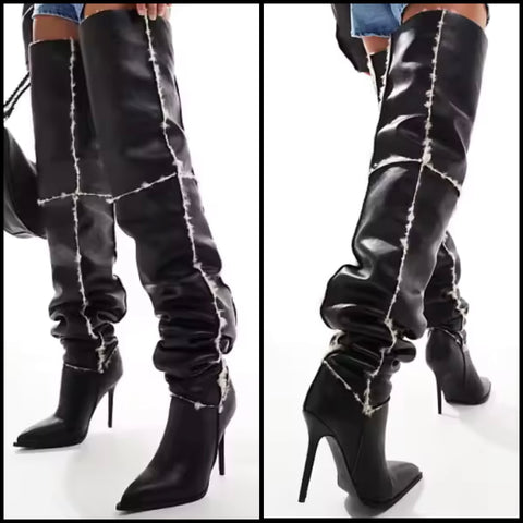 Women Pointed Toe Plush Leather Over The Knee High Heel Boots