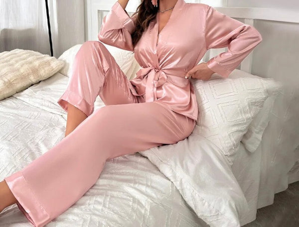 Women Pink Sexy Satin Full Sleeve Lingerie Set