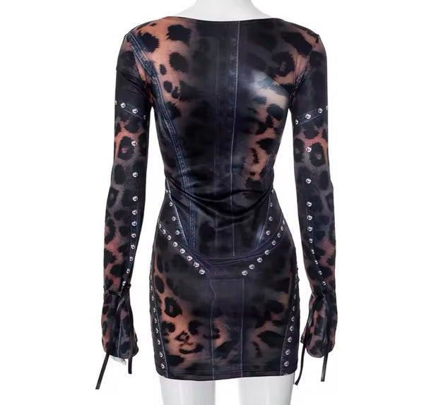 Women Sexy Leopard Rivet Full Sleeve Dress