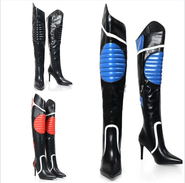 Women Pointed Toe Faux Leather Color Patchwork Knee High Boots
