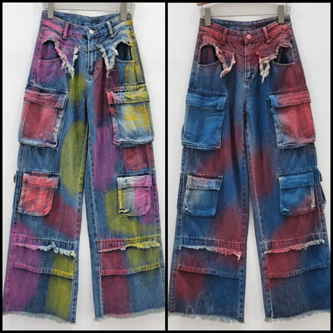 Women Fashion Color Patchwork Cargo Denim Wide Leg Pants