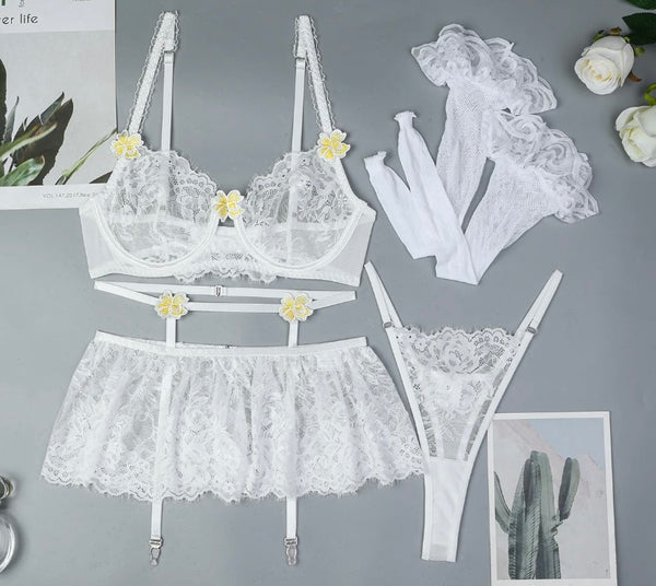 Women White Sexy Lace Yellow Floral Patchwork Lingerie Set