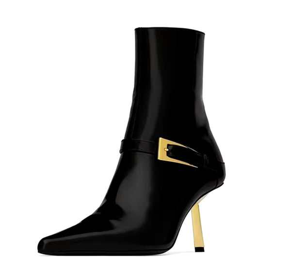 Women Fashion Pointed Toe Gold Buckled High Heel Ankle Boots