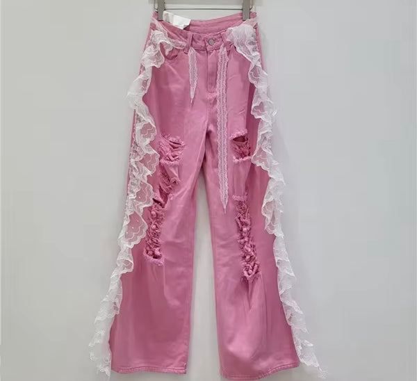 Women Fashion Ripped Ruffled Lace Patchwork Denim Pants