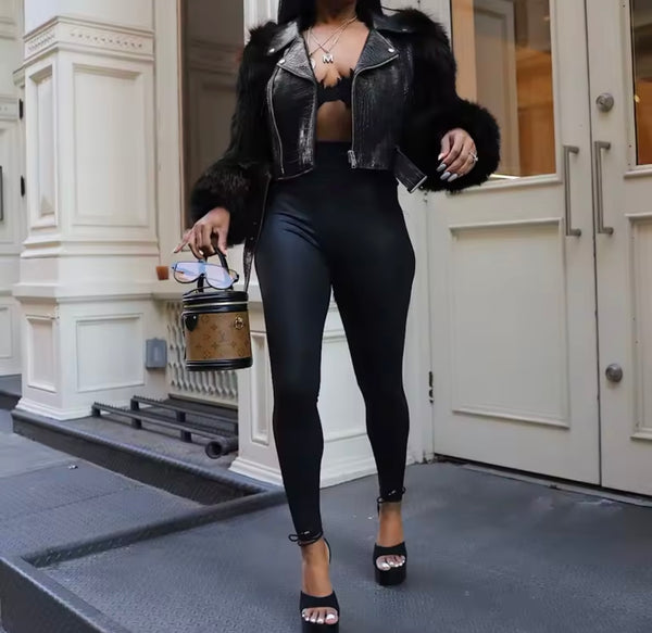 Women Fashion Faux Leather Fur Sleeve Buckled Jacket