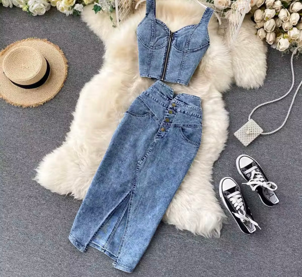 Women Sexy Zip Up Sleeveless Two Piece Denim Maxi Skirt Set