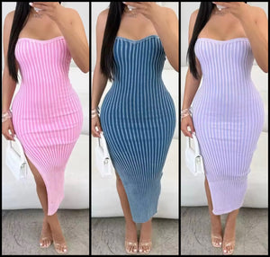 Women Sexy Strapless Striped Side Split Maxi Dress