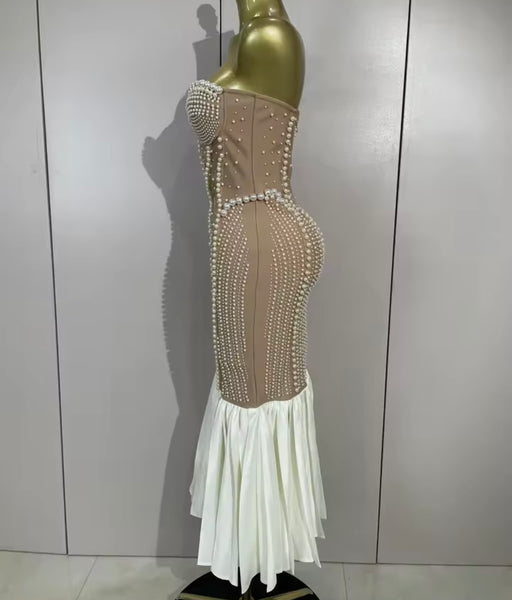 Women Sexy Strapless Rhinestone Pearl Mermaid Maxi Dress
