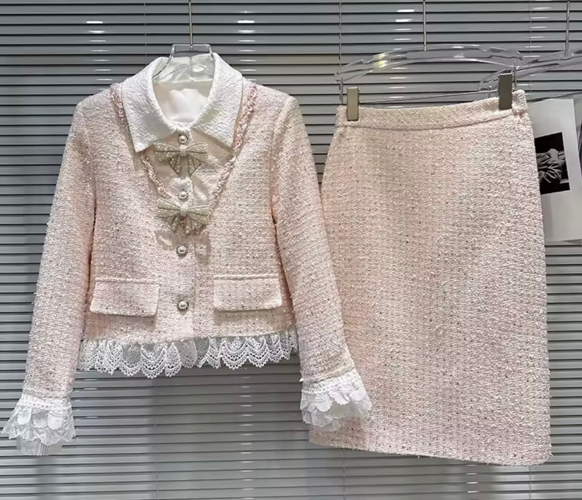 Women Bling Ruffled Button Up Pink Tweed Blazer Two Piece Skirt Set