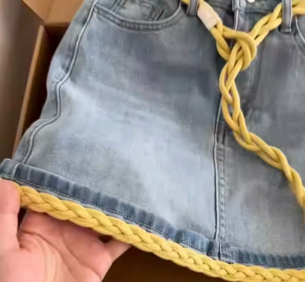 Women Fashion Denim Yellow Rope Patchwork Skirt