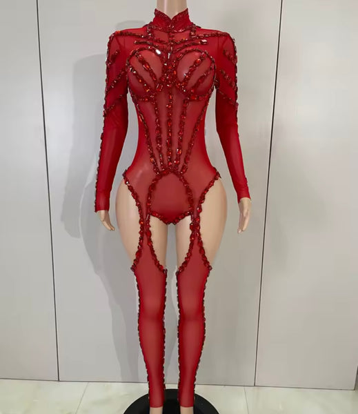 Women Mesh Crystal Full Sleeve Sexy Bodysuit Jumpsuit