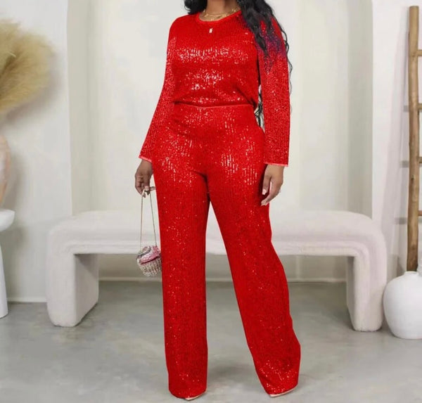 Women Sexy Solid Color Sequins Full Sleeve Two Piece Pant Set