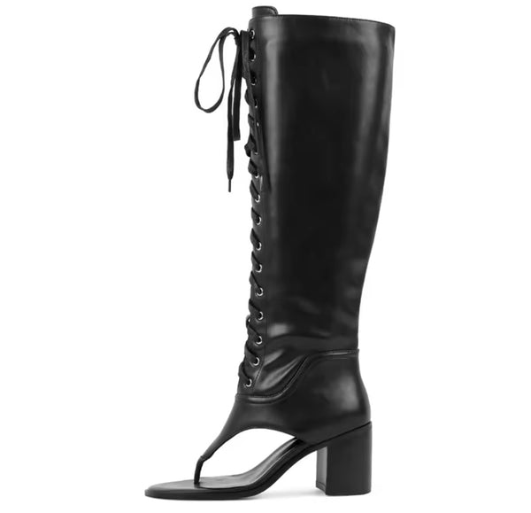 Women Black Open Toe Lace Up Square Heel Knee High Boots