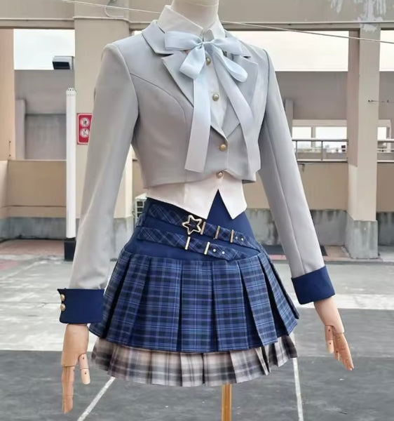 Women Fashion Plaid Three Piece Pleated Skirt Set