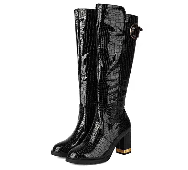 Women Buckled Faux Leather Fashion Knee High Boots