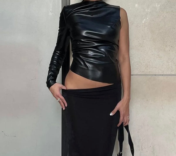 Women One Shoulder Full Sleeve Faux Leather Top