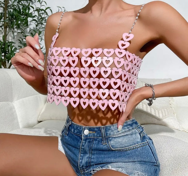 Women Sexy Sleeveless Pink Heart Chain Crop Top