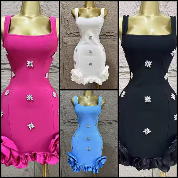 Women Sexy Sleeveless Ruffled Rhinestone Dress