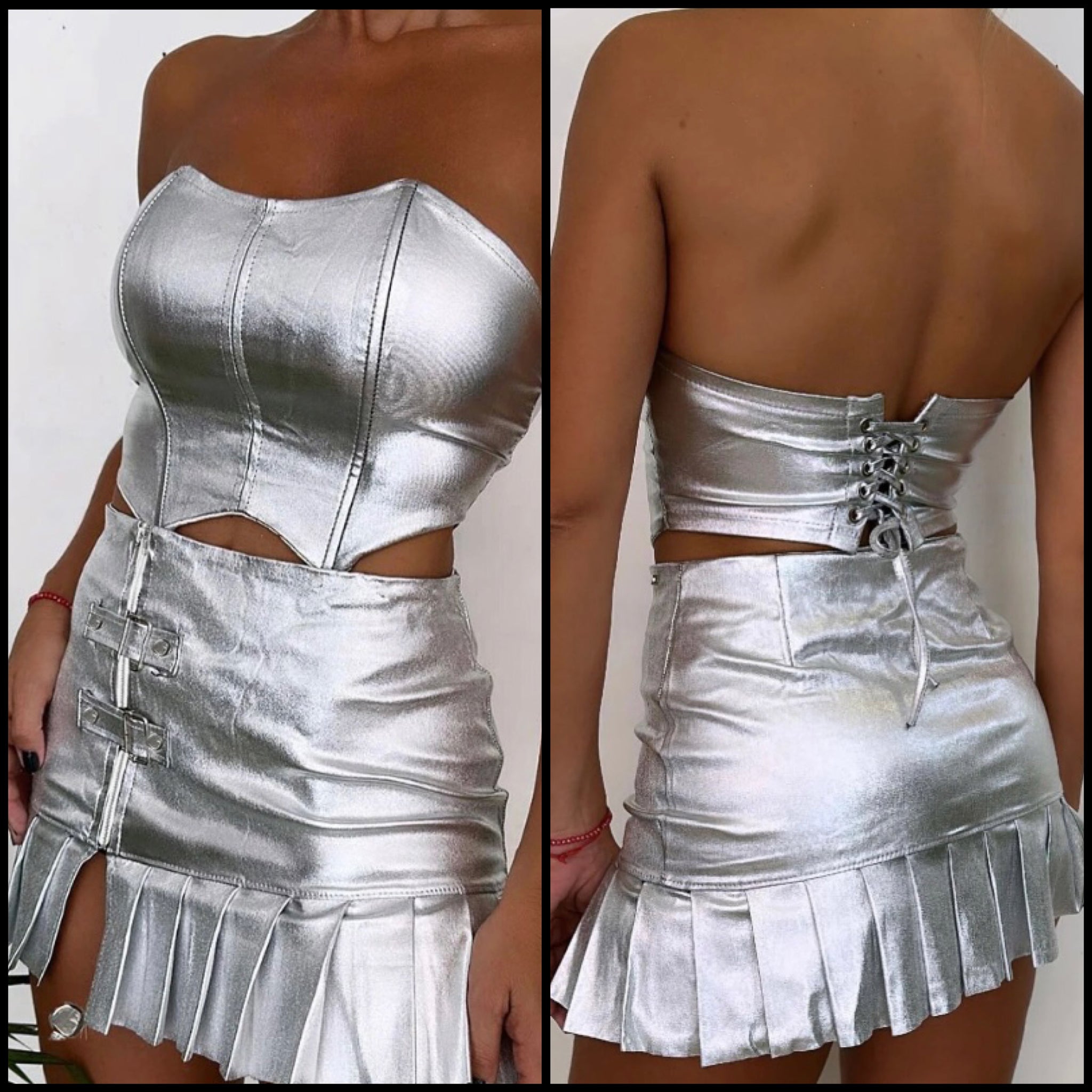 Women Sexy Silver Strapless Two Piece Pleated Skirt Set