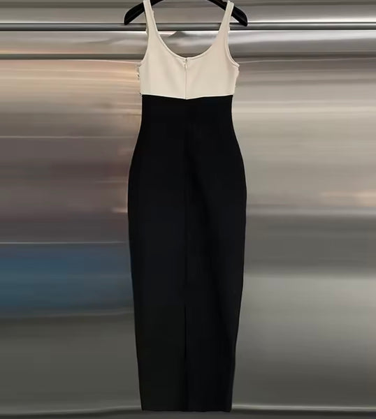Women Sexy B&W Beaded Bling Sleeveless Maxi Dress