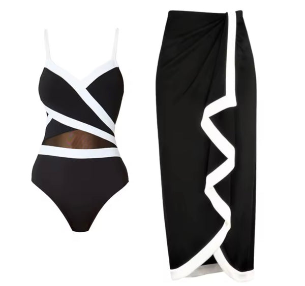 Women Sexy B&W Striped Swimsuit Cover Up Set