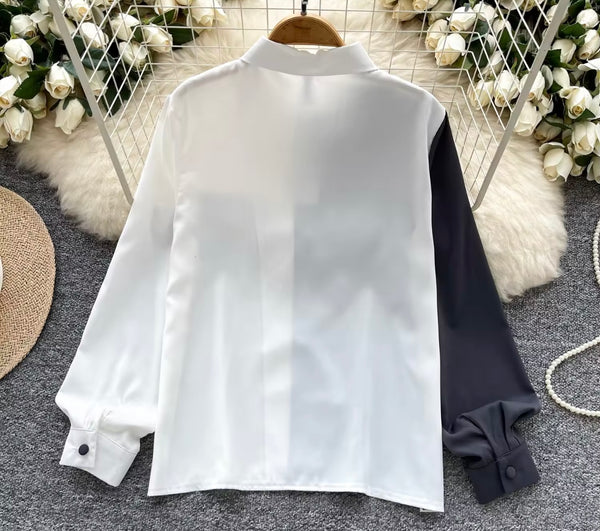 Women Button Up Full Sleeve Color Patchwork Mesh Top
