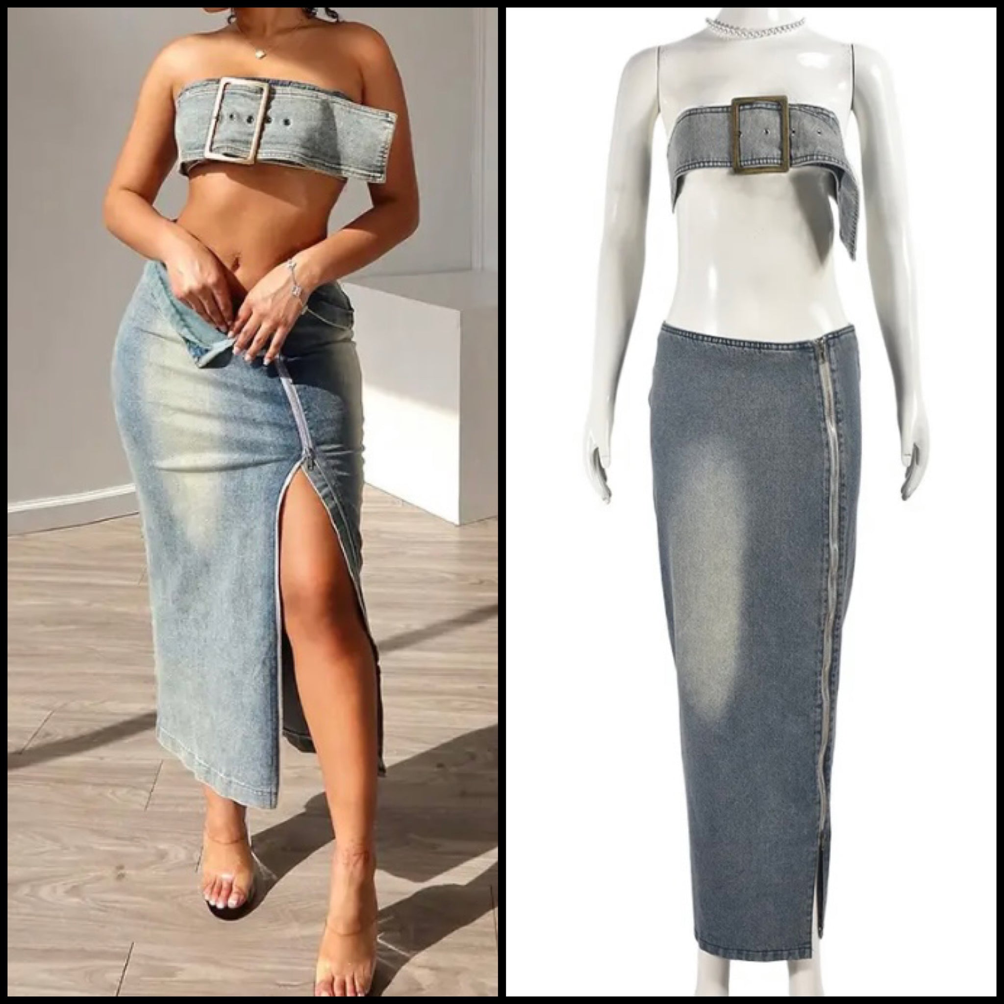 Women Sexy Buckled Strapless Denim Two Piece Zipper Skirt Set