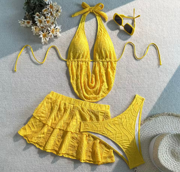 Women Sexy Halter Bikini Skirt Cover Up Set