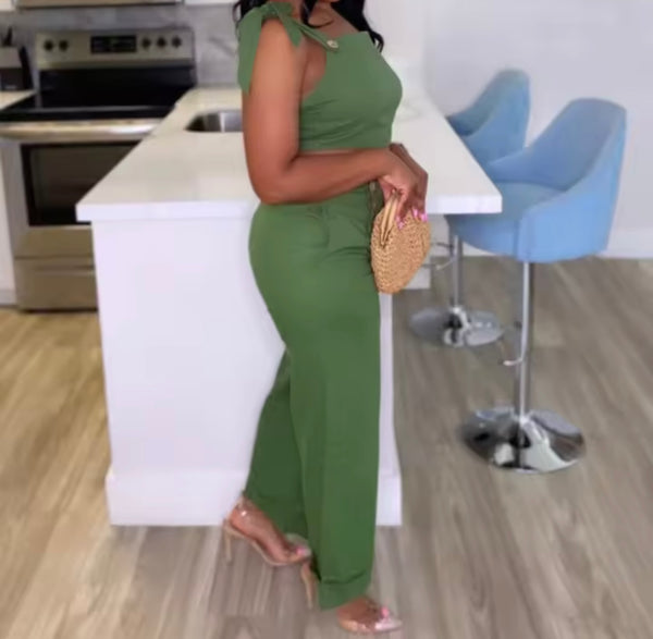 Women Green Button Sleeveless Two Piece Fashion Pant Set