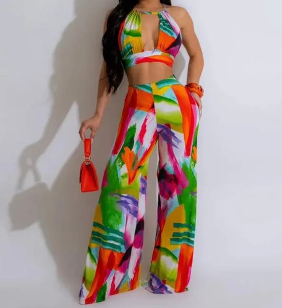 Women Sexy Halter Sleeveless Multicolored Print Two Piece Pant Set
