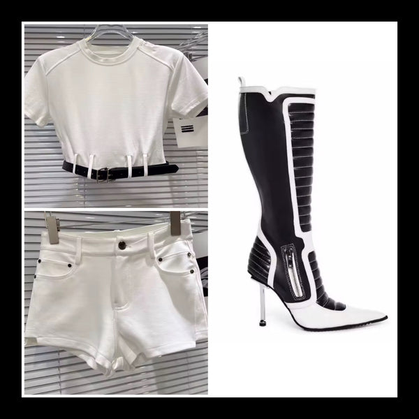 Women Color Patchwork Pointed Toe Knee High Boots