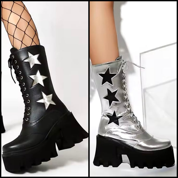 Women Fashion Faux Leather Star Lace Up Platform Boots
